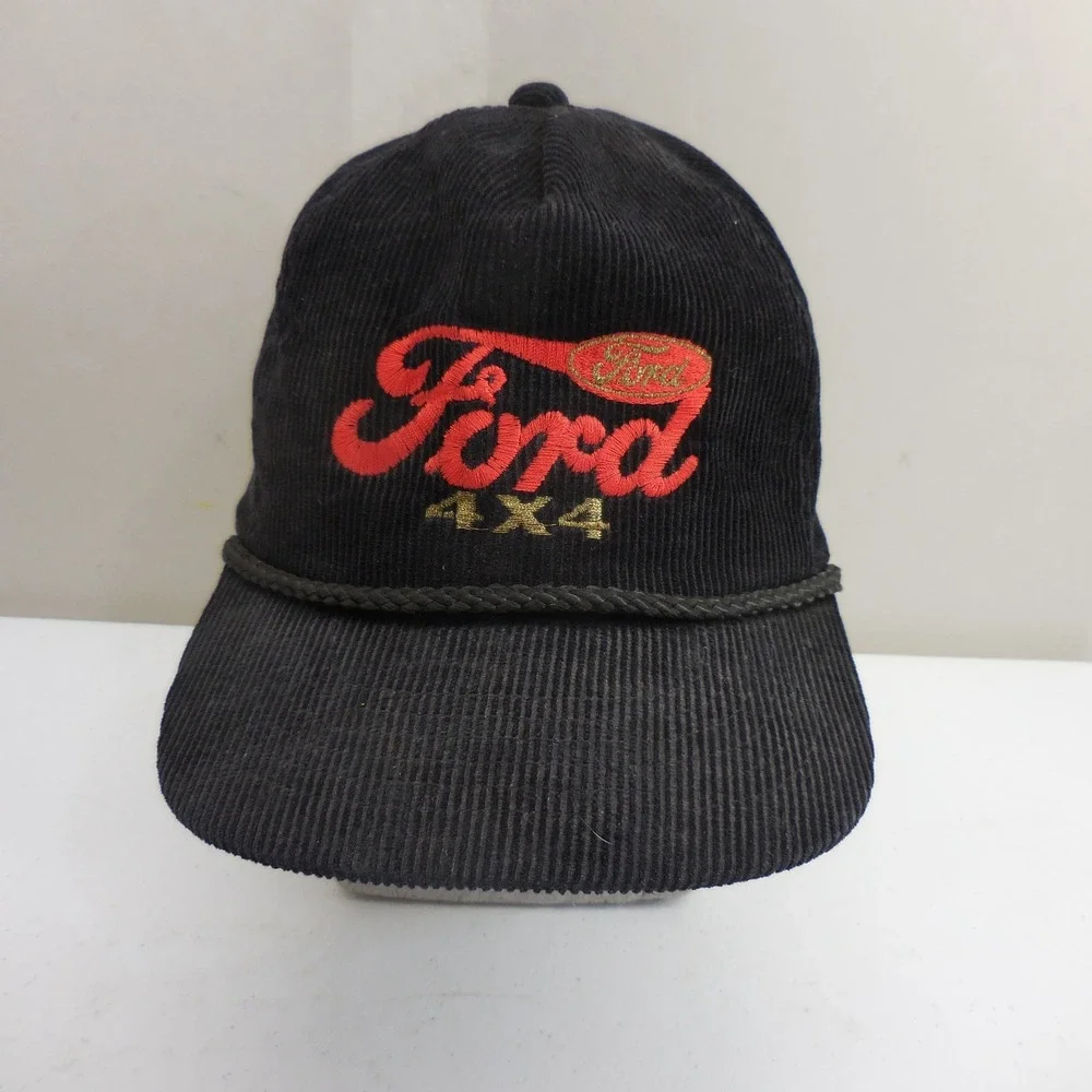 Vintage AmaPro Ford 4x4 Trucker Hat Black Corduroy Rope Strapback Cap Korea 80s